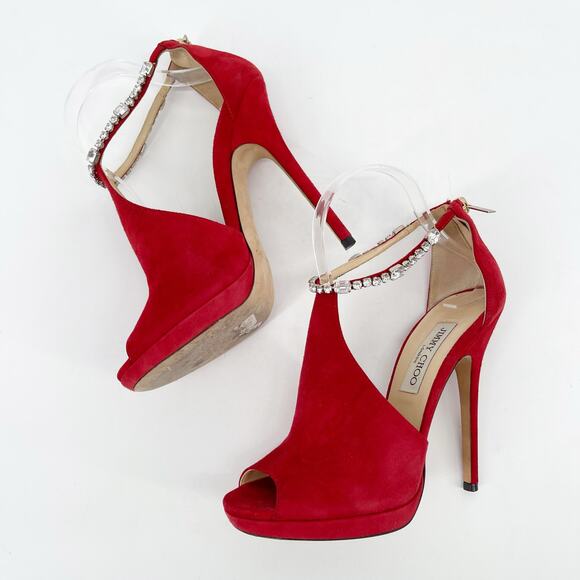 Jimmy Choo Farah Red Suede Crystal Trim Peep Toe Platform Sandal Heel IT 38.5 - Picture 4 of 14